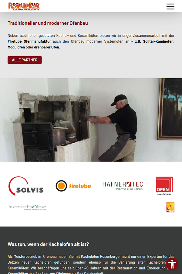 Screenshot der Website ofen-rosenberger.de in Tablet-Ansicht mit Startseite
