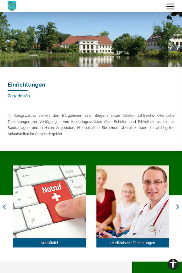 Screenshot der Seite Einrichtungen von koenigswartha.net in Tablet-Ansicht