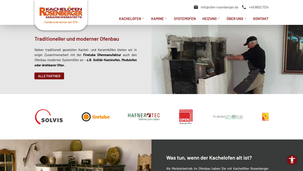 Screenshot der Website ofen-rosenberger.de in Desktop-Ansicht mit Startseite