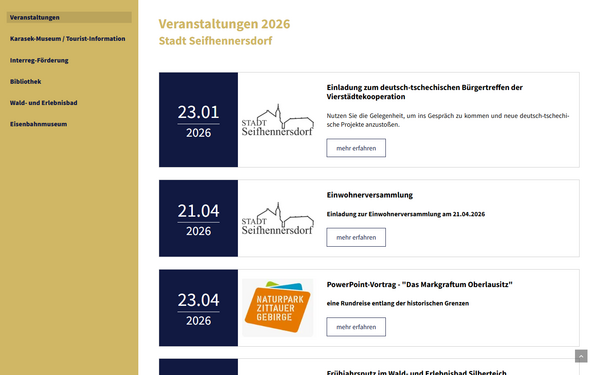 Screenshot der Veranstaltungsseite im Bereich Wohnen und Leben von seifhennersdorf.de in Notebook-Ansicht