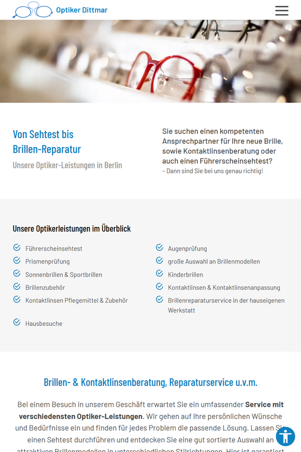 Screenshot der Leistungsseite von optikerdittmar-berlin.de in Tablet-Ansicht