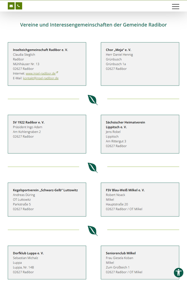Screenshot der Seite Vereine von radibor.de in Tablet-Ansicht