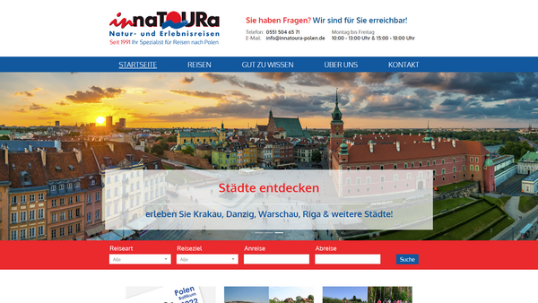 Desktop-Ansicht der Innatoura-Polen.de Website mit Reiseangeboten