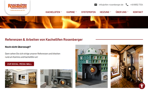 Screenshot der Website ofen-rosenberger.de in Notebook-Ansicht mit Startseite