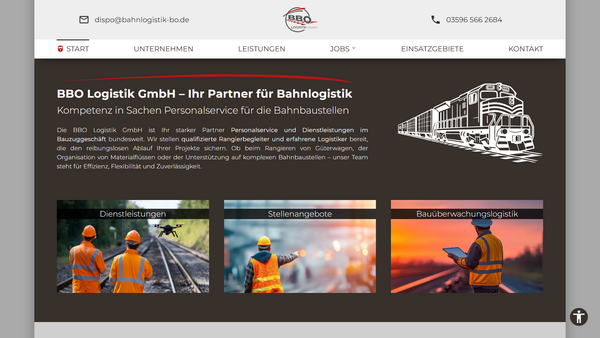 Screenshot der Website Bahnlogistik BO in der Desktop-Ansicht mit Startseite und Navigation