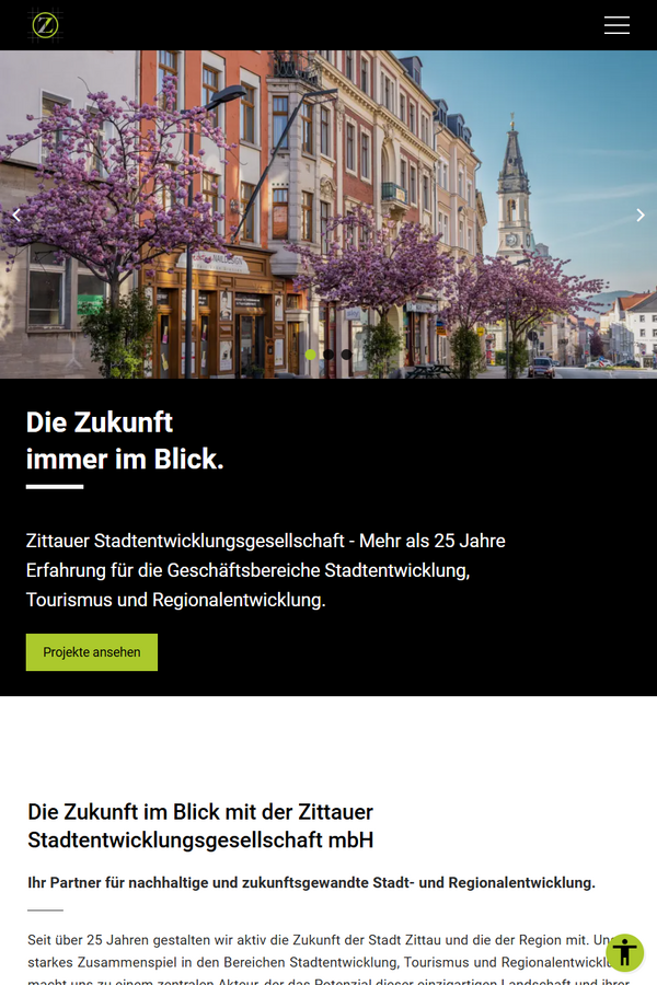 Screenshot der Website stadtsanierung-zittau.de in Tablet-Ansicht mit Startseite