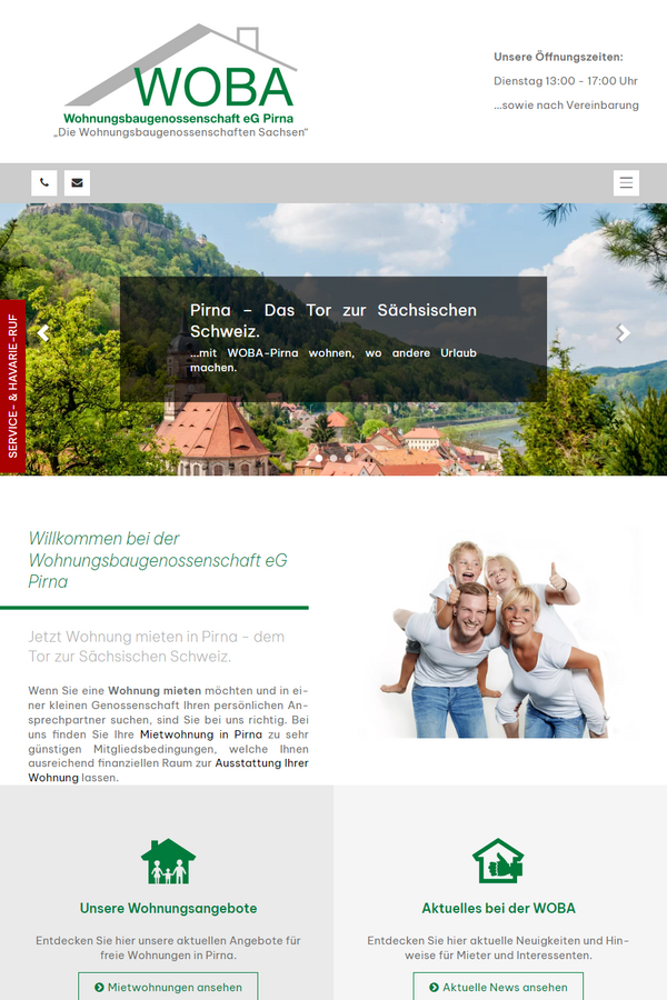 Tablet-Ansicht der Woba-Pirna.de Website mit Wohnungsangeboten und Serviceinformationen