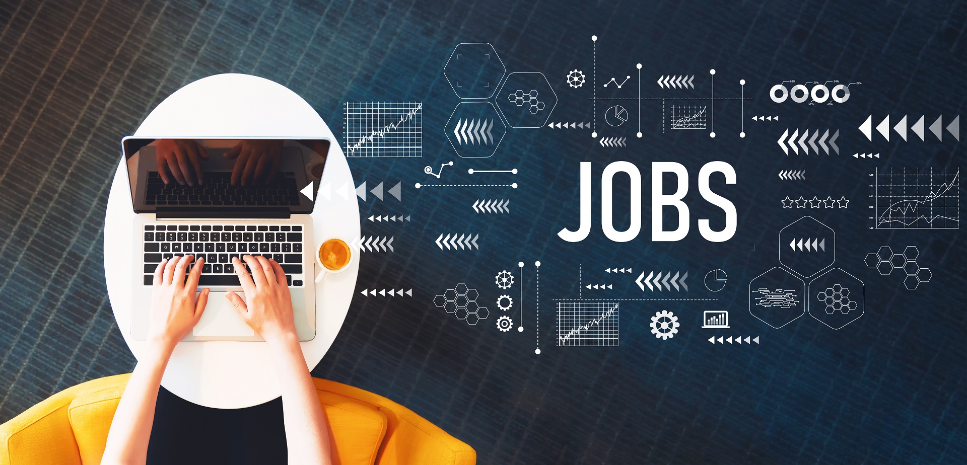 Eine Person tippt im virtuellen Raum, im Hintergrund das Wort "JOBS". Symbolisiert die innovative Arbeitswelt und die Möglichkeit zur Initiativbewerbung.