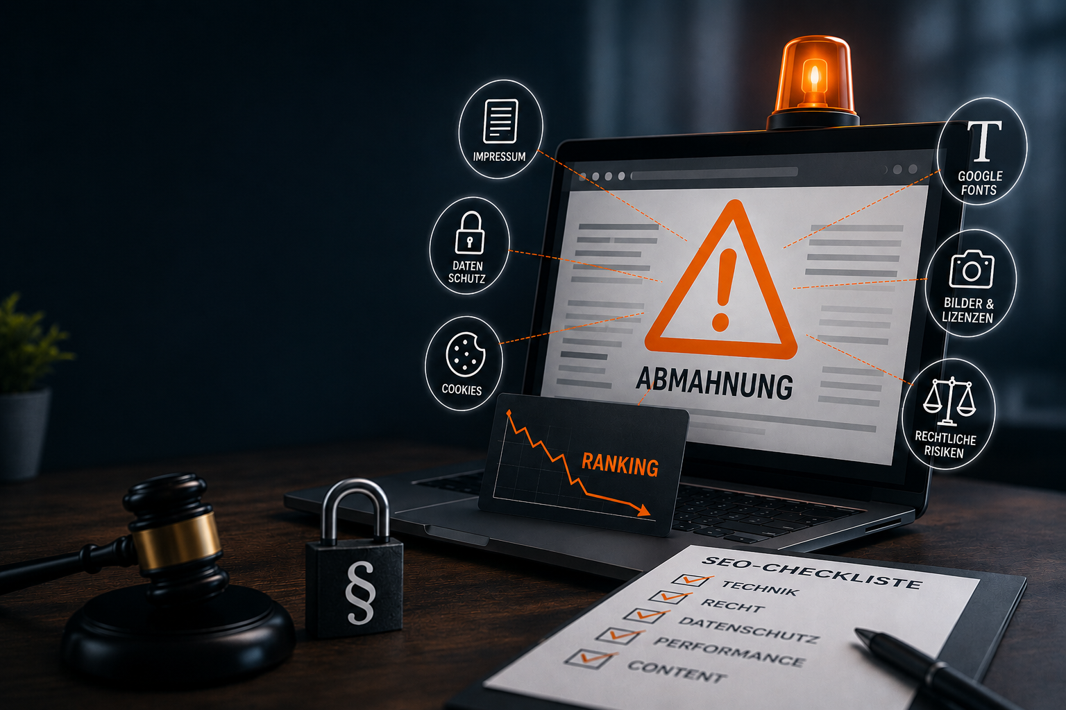 Ein Laptop-Bildschirm zeigt eine rote Warnmeldung, die technische SEO-Fehler auf einer Website visualisiert.