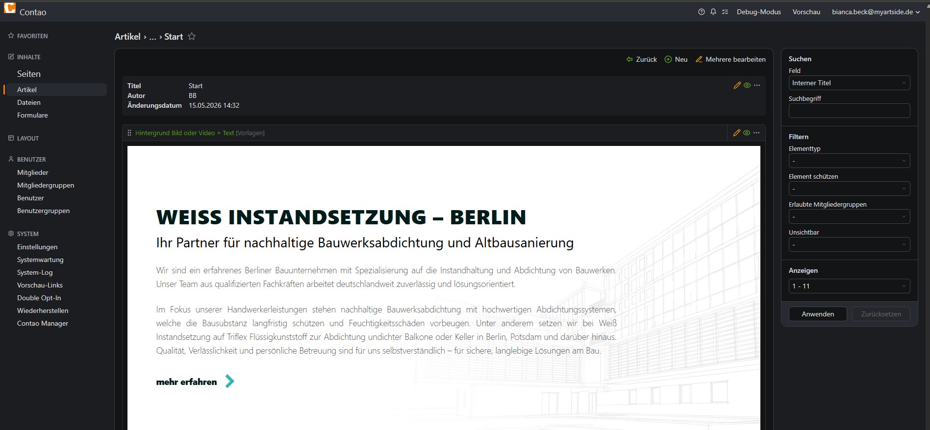 Beispielansicht von visualisierten Inhaltselementen im Backend im Dark-Mode