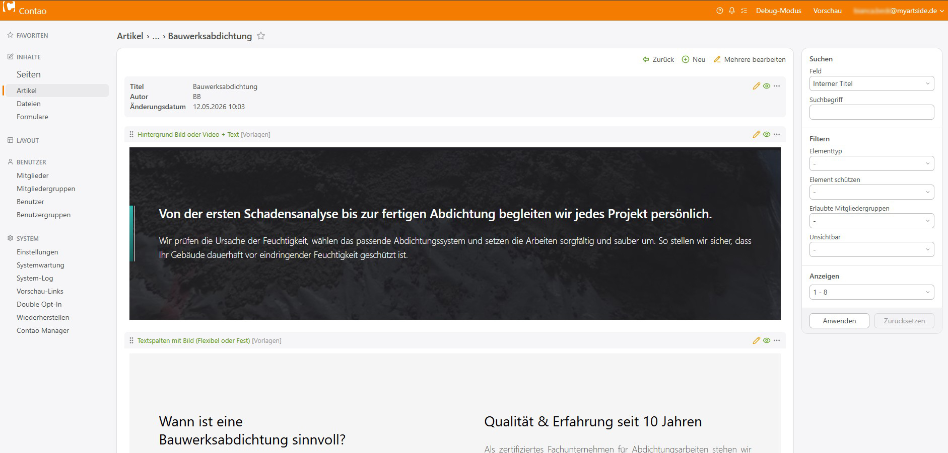 Beispielansicht von visualisierten Inhaltselementen im Backend im Light-Mode