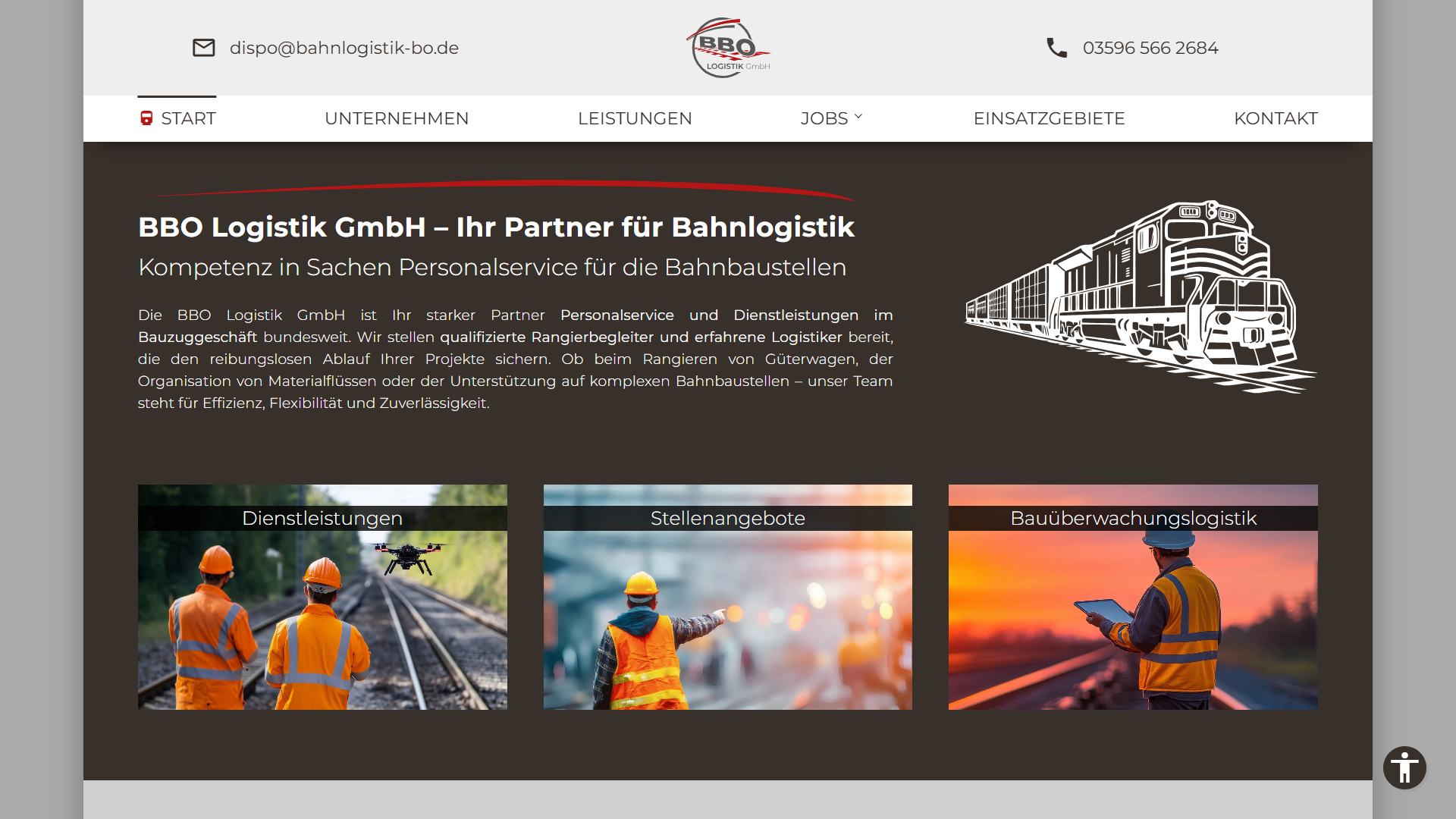 Screenshot der Website Bahnlogistik BO in der Desktop-Ansicht mit Startseite und Navigation