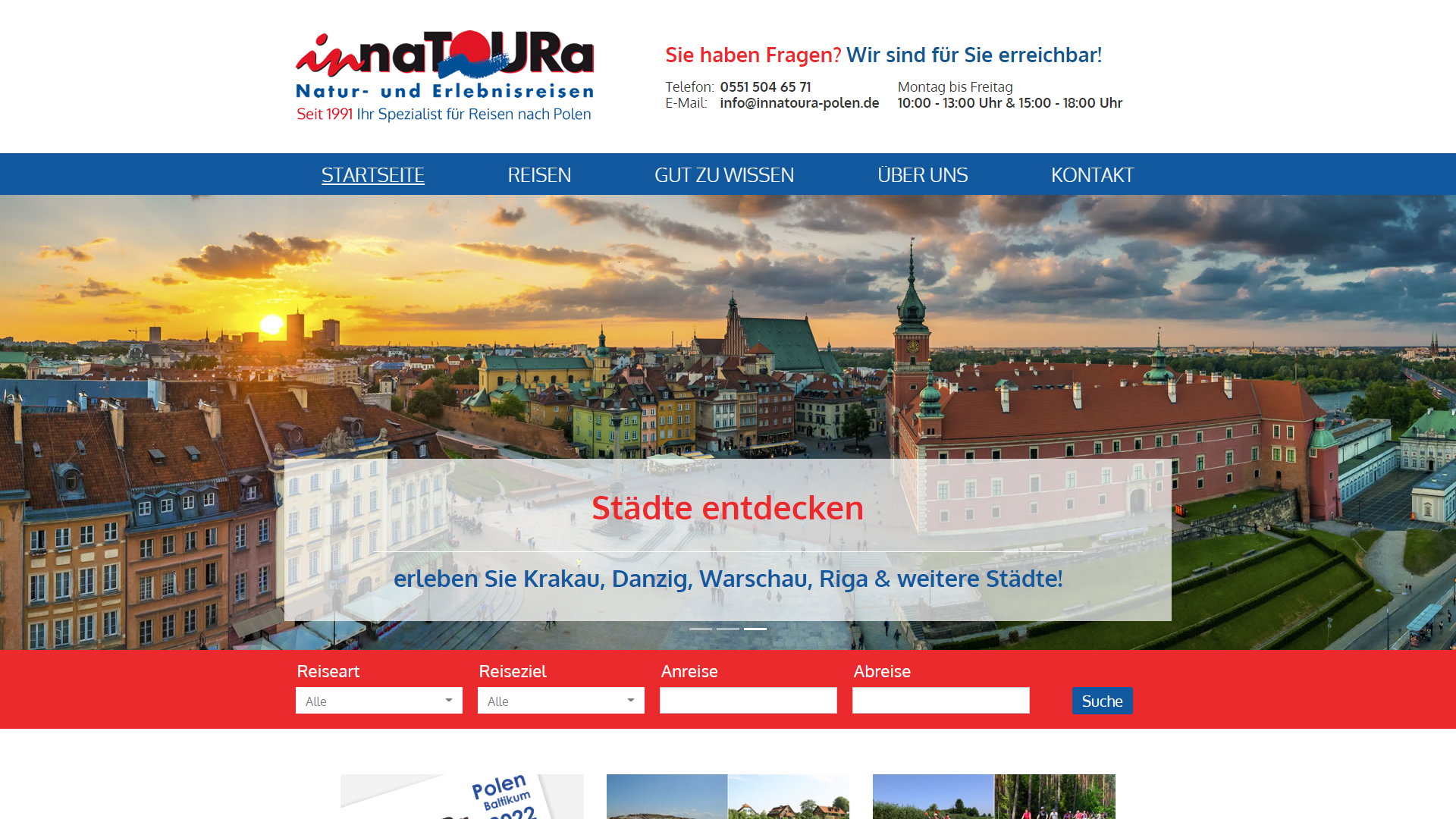 Desktop-Ansicht der Innatoura-Polen.de Website mit Reiseangeboten