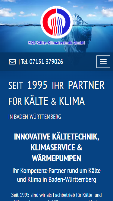 Mobile Ansicht der KKS-Kälte.de Website mit Firmeninformationen