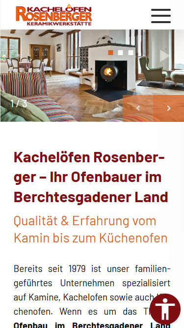 Screenshot der Website ofen-rosenberger.de in mobiler Ansicht auf Smartphone