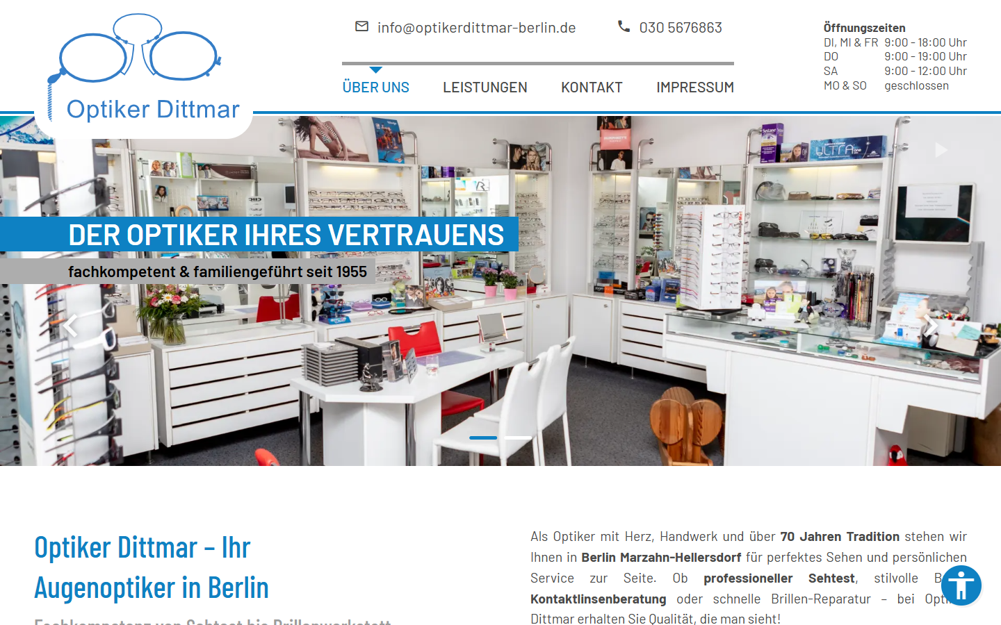 Screenshot der Website optikerdittmar-berlin.de in Notebook-Ansicht mit Startseite
