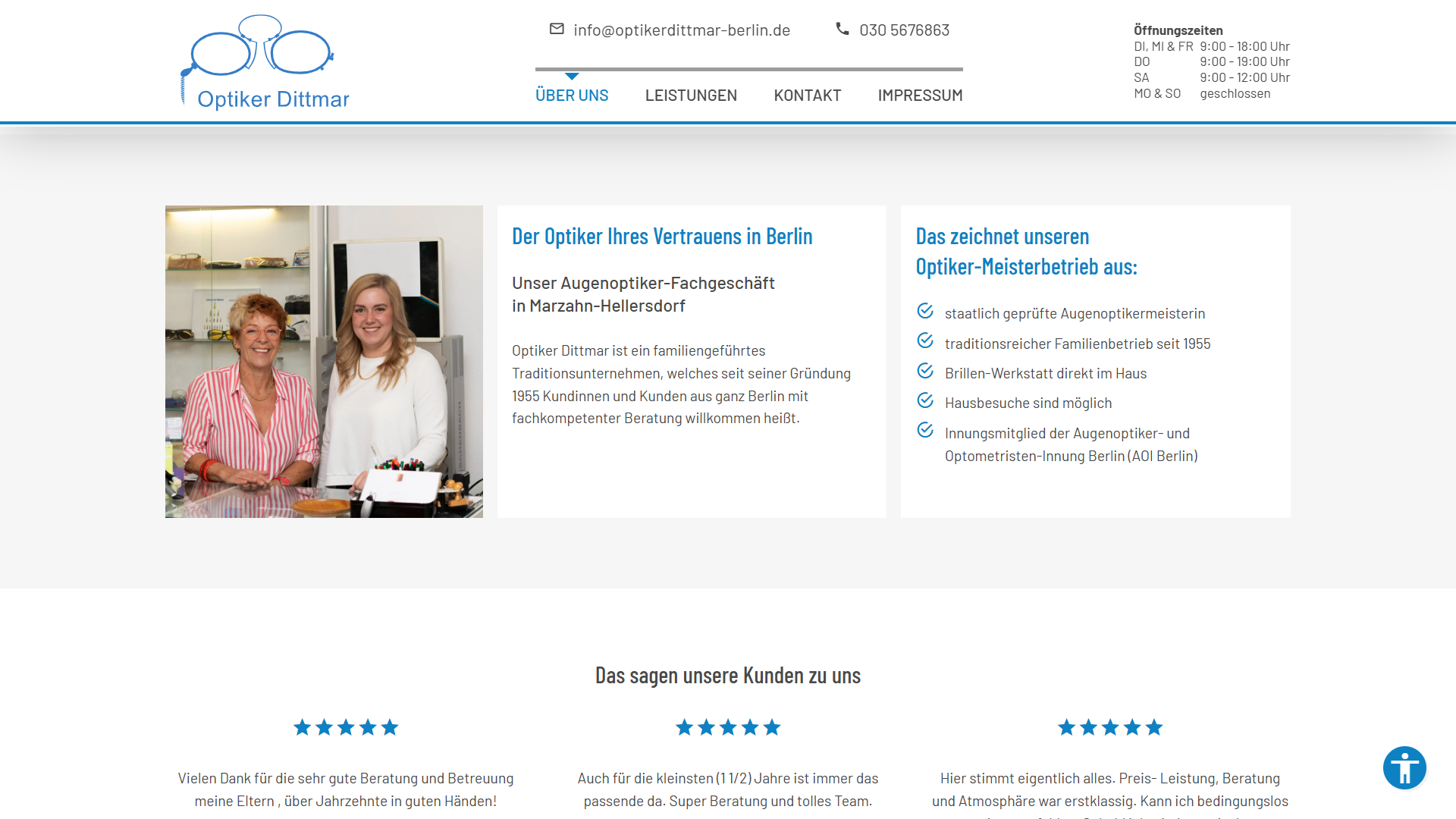Screenshot der Website optikerdittmar-berlin.de in Desktop-Ansicht mit Startseite