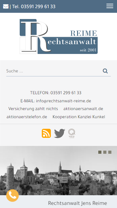 Mobile Ansicht der Rechtsanwalt-Reime.de Website mit Kanzleiinfos und Kontaktmöglichkeiten