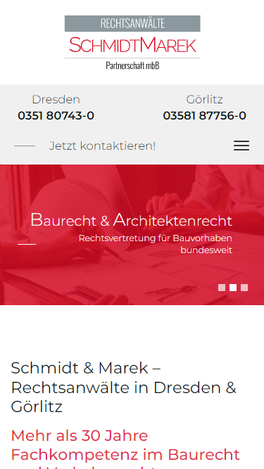 Mobile Ansicht der Schmidt-Marek.de Website mit Leistungen und Kontaktinformationen