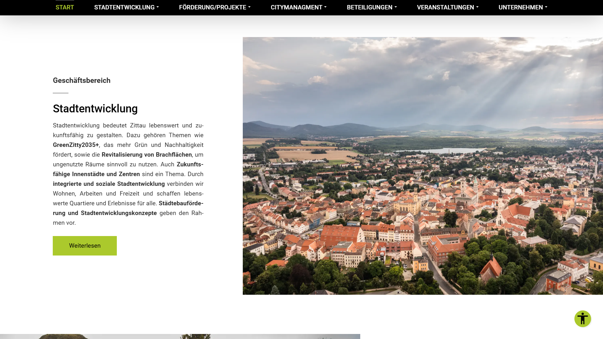 Screenshot der Website stadtsanierung-zittau.de in Desktop-Ansicht mit Startseite