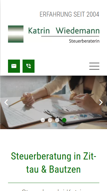 Mobileansicht: Webseite für Steuerberater & Kanzleien in Zittau & Bautzen für Steuerberaterin Katrin Wiedemann