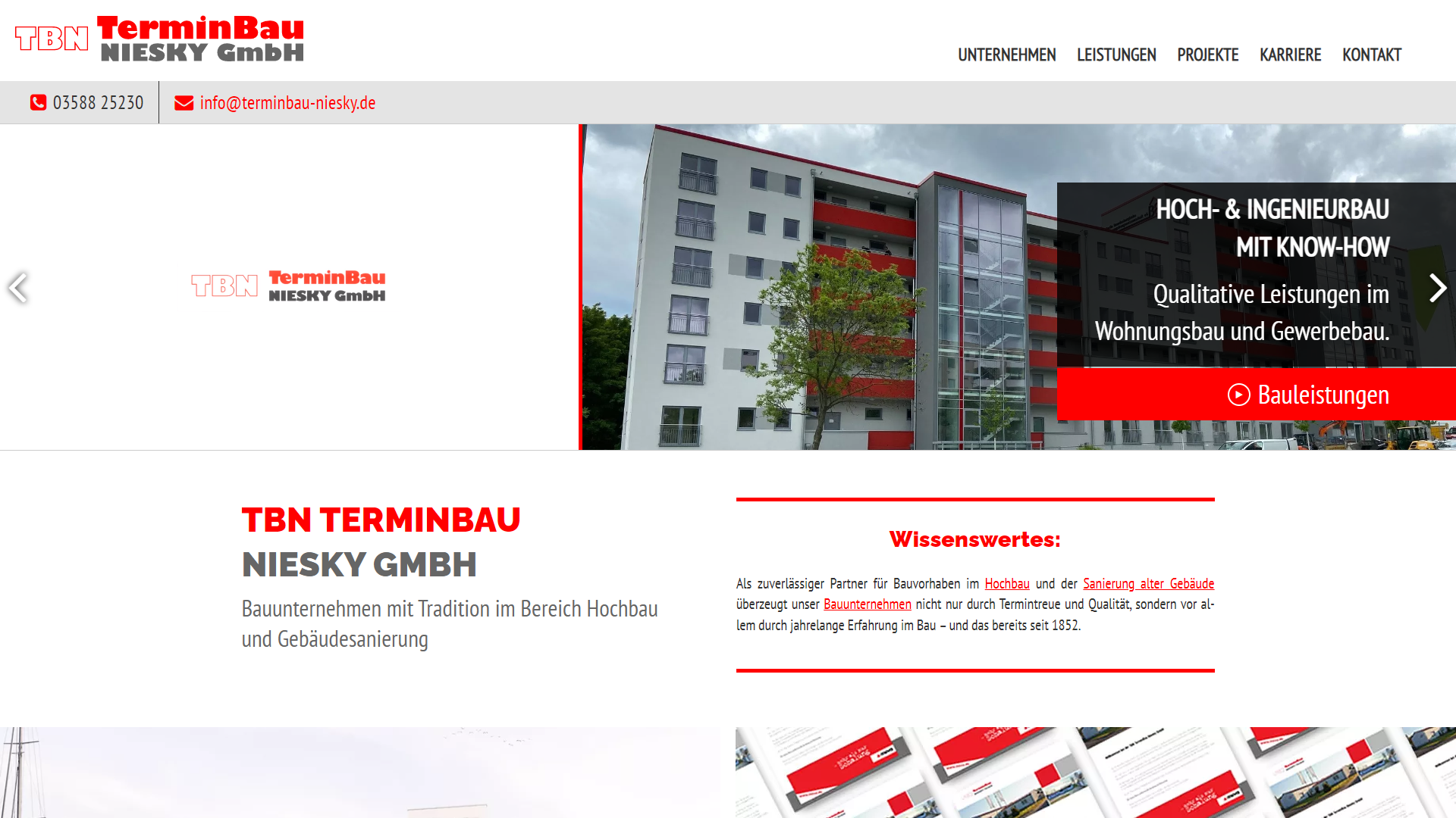 Desktop-Ansicht der Terminbau-Niesky.de Website mit Bauprojekten und Unternehmensinformationen