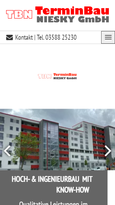 Mobile Ansicht der Terminbau-Niesky.de Website mit Bauprojekte und Kontaktinformationen