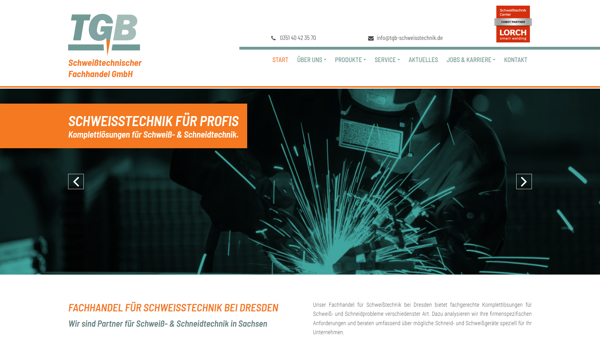 Desktop-Ansicht der TGB-Schweisstechnik.de Website mit Schweißtechnik-Leistungen und Unternehmensinformationen