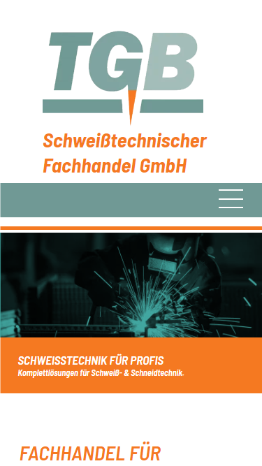 Mobile Ansicht der TGB-Schweisstechnik.de Website mit Leistungsübersicht und Kontaktmöglichkeiten