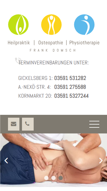 Mobileansicht: Webseite für das Gesundheitswesen: Physiotherapie & Osteopathie Frank Domsch in Bautzen | Sachsen