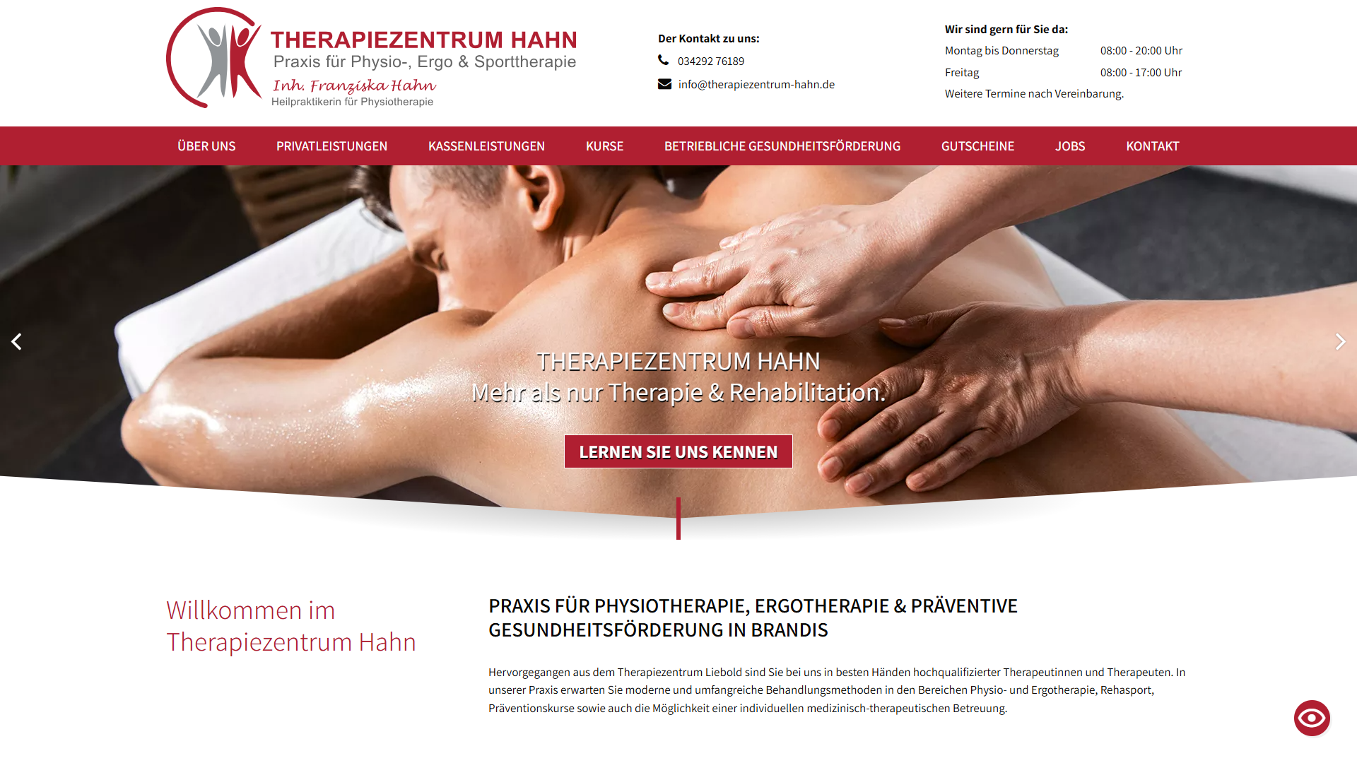 Desktop-Ansicht der Therapiezentrum-Hahn.de Website mit Praxisinformationen und Therapieangeboten