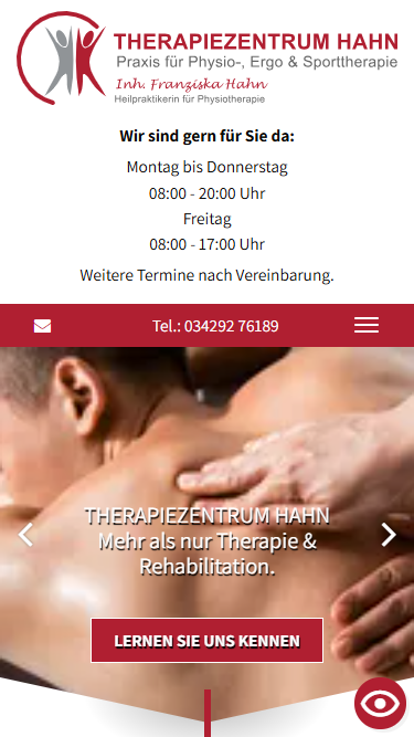 Mobile Ansicht der Therapiezentrum-Hahn.de Website mit Behandlungsangeboten und Kontaktdetails