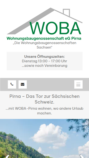 Mobile Ansicht der Woba-Pirna.de Website mit Wohnungsangeboten und Kontaktmöglichkeiten
