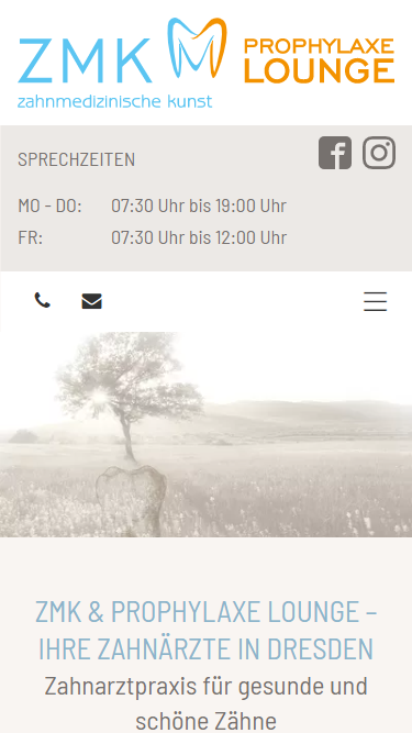 Mobile Ansicht der Webseite für Zahnarzt und Prophylaxe Lounge ZMK Dresden